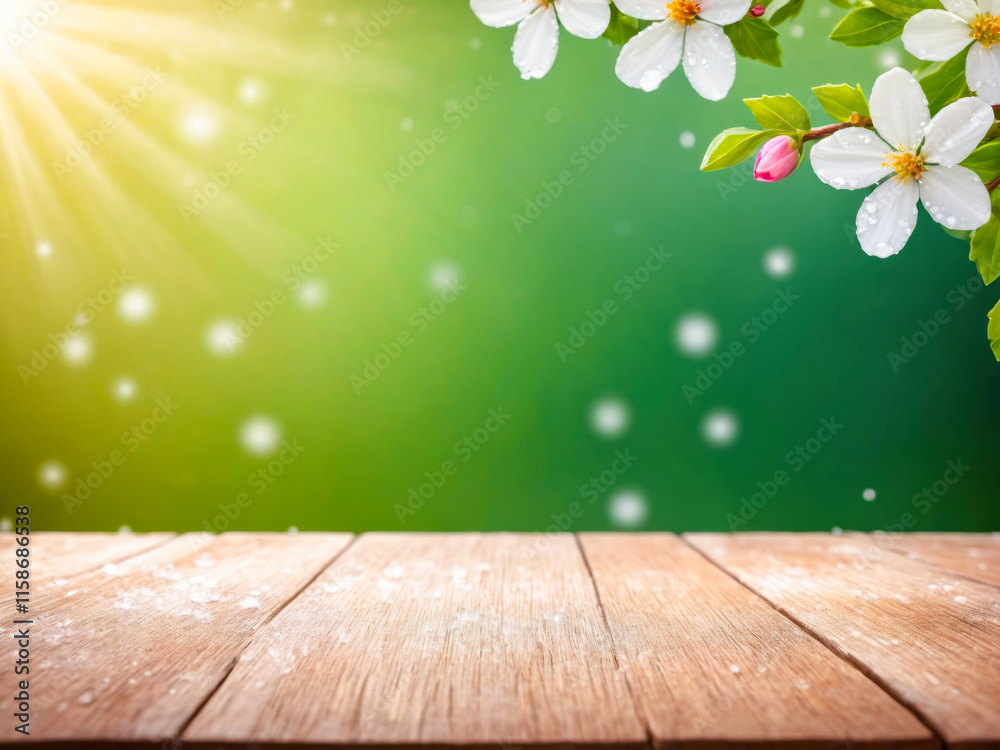 Wooden Table with Spring Blossoms and Sunbeams.