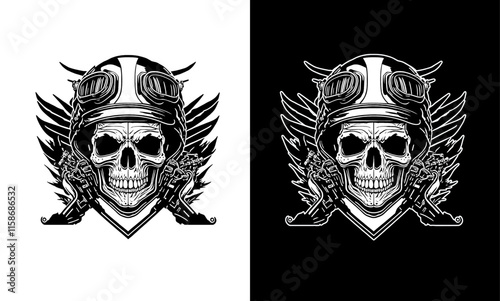 Vintage black and white color Pilot and eagle wings, vector illustration