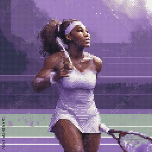 Woman white dress holding tennis racket stands tennis court purple background pixel art