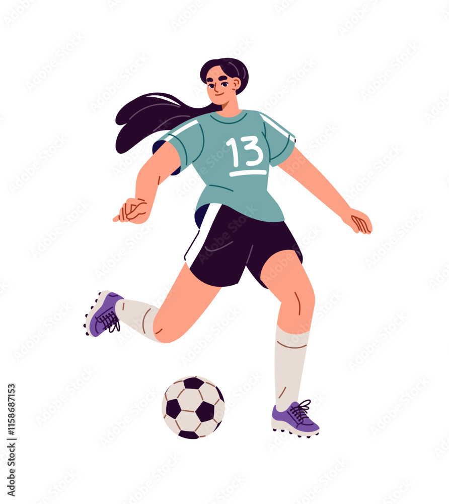 Girl football player kicks, hits with foot, pass ball. Sportswoman in uniform plays soccer. Professional athlete training for sports game competition. Flat isolated vector illustration on white Girl football player kicks, hits with foot, pass ball. Sportswoman in uniform plays soccer. Professional athlete training for sports game competition. Flat isolated vector illustration on white