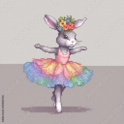 Pixel art image rabbit colorful dress standing grey background flower crown