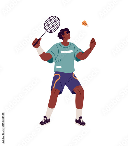 Professional badminton player throws shuttlecock into air to hit it with racket. Sportsman plays racquet game on court. Athlete serving in sport. Flat isolated vector illustration on white background