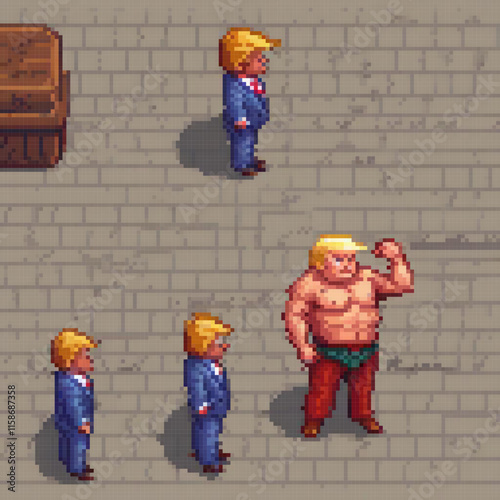 Pixel art scene four men one them is muscular man standing foreground