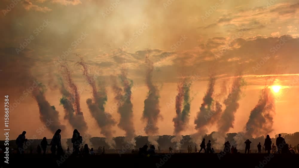 Dramatic sunset sky with smoke clouds and fireworks create a stunning visual spectacle at dusk