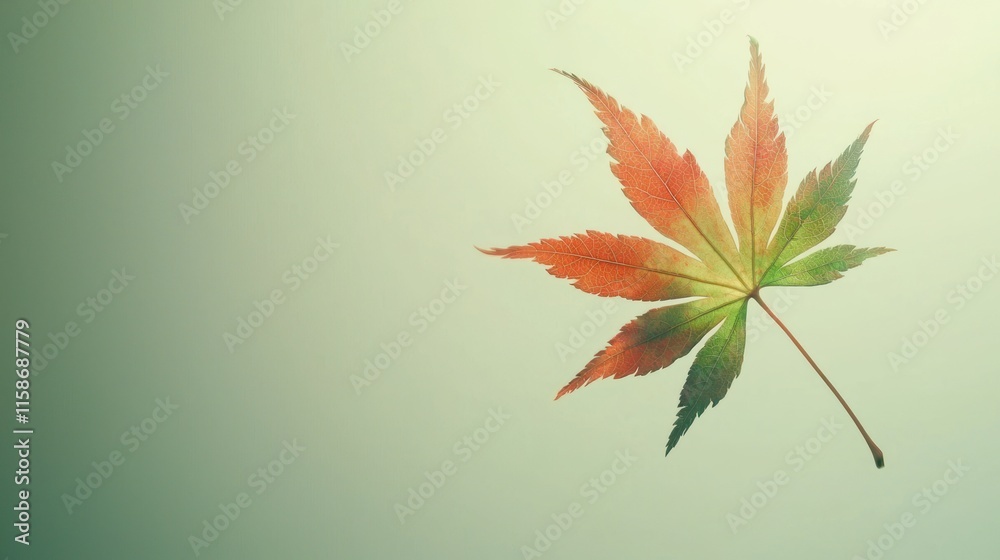 Single autumn maple leaf on pale green background. Single autumn maple leaf on pale green background.
