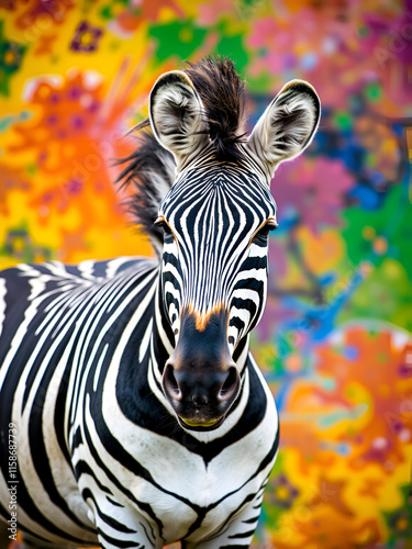 a zebra standing in front of a vibrant and colorful background The zebra has black and white stripes, and its mane is blowing in the wind The background is compos photo