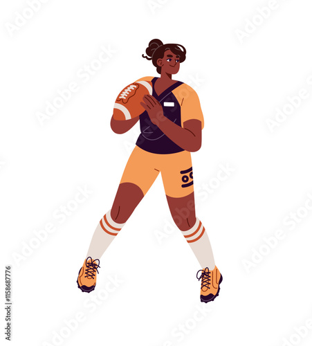 Professional female rugby player holds ball in hands. Black sportswoman plays American football. Athlete training before sports game, competition. Flat isolated vector illustration on white background