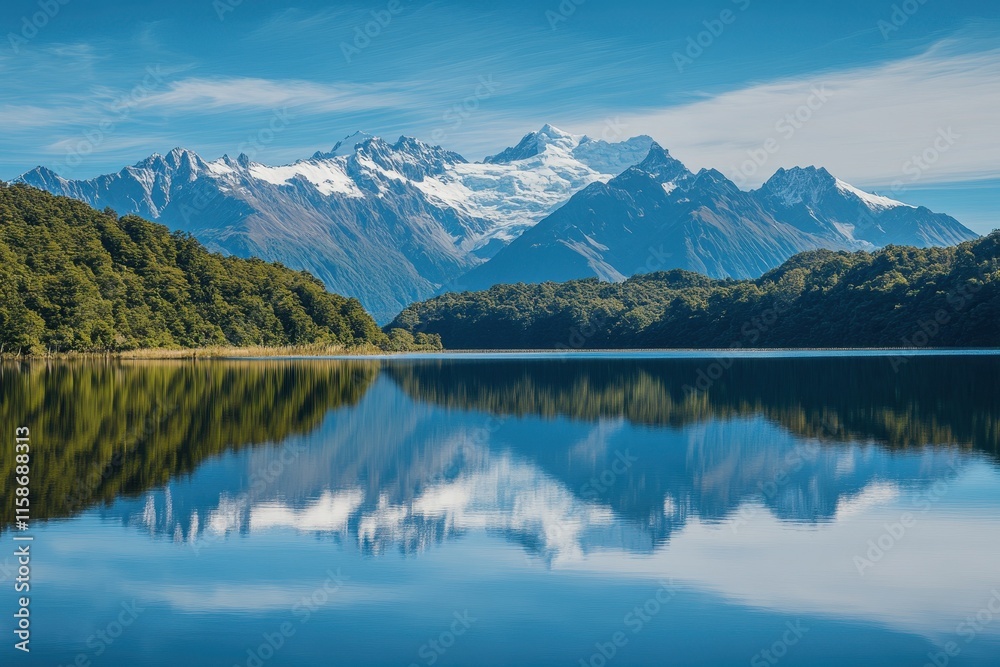 A Mirror Image of Snow-Capped Mountains Reflected in a Still Lake A Mirror Image of Snow-Capped Mountains Reflected in a Still Lake