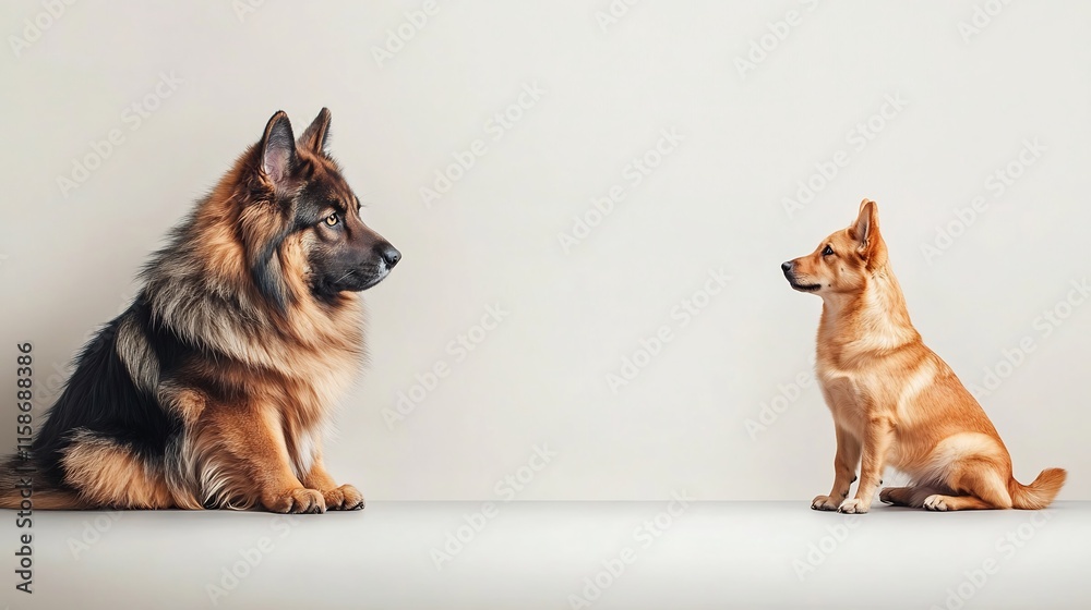 Majestic German Shepherd and Playful Pup Face Off: Close-Up Photo Against Neutral Background. AI Generated Majestic German Shepherd and Playful Pup Face Off: Close-Up Photo Against Neutral Background. AI Generated