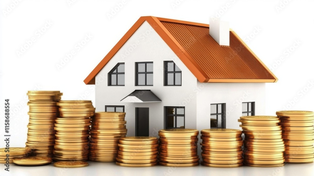 House and coin stack on white background illustrate rent cost management and home savings goals. Energy-efficient living, daily cost awareness, and AI-generated imagery for investment property dreams House and coin stack on white background illustrate rent cost management and home savings goals. Energy-efficient living, daily cost awareness, and AI-generated imagery for investment property dreams