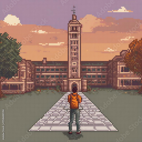 Pixel art image person standing front large building clock tower possibly university campus