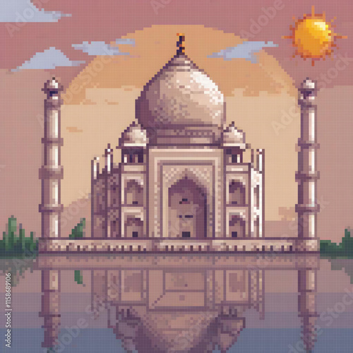 Image showcases Taj Mahal white marble mausoleum its reflection water sky has sun there are trees background