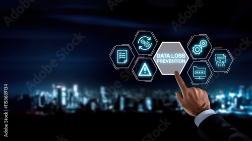 A businessman touches a virtual screen with data loss prevention displayed, Emphasizes DLP, data protection, and cybersecurity
