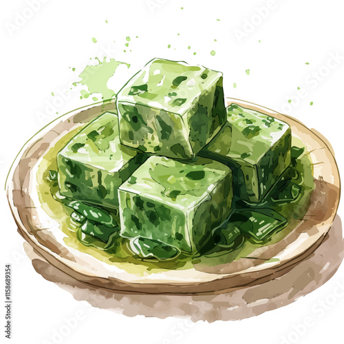 A watercolor vector painting of Indian palak paneer with spinach and cheese, isolated on a white background. Indian dish vector.

