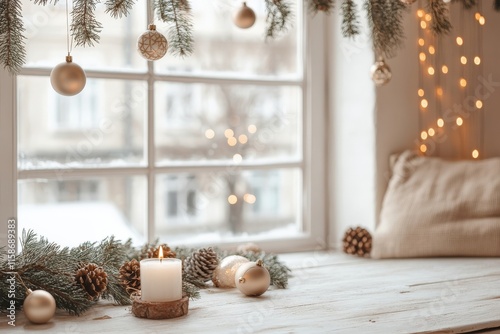 A cozy window scene featuring festive decorations, a candle, and natural elements, creating a warm holiday atmosphere.