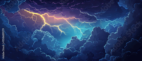 Dramatic stormy sky filled with dark clouds and vivid lightning in a cartoon style