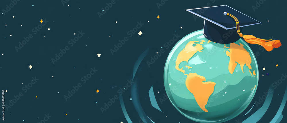 Naklejka premium Globe with graduation cap symbolizes education and global knowledge in a creative design