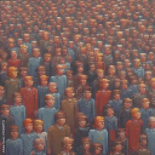 Pixel art image depicts crowd people some wearing uniforms few standing out due their unique features