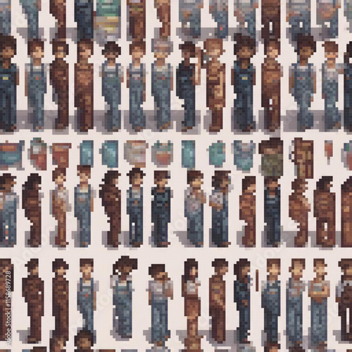 Pixel art image showcases diverse group people each unique clothing accessories standing line