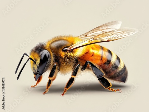 A detailed and realistic illustration of a honey bee with vibrant yellow and black stripes, isolated on a transparent background. photo