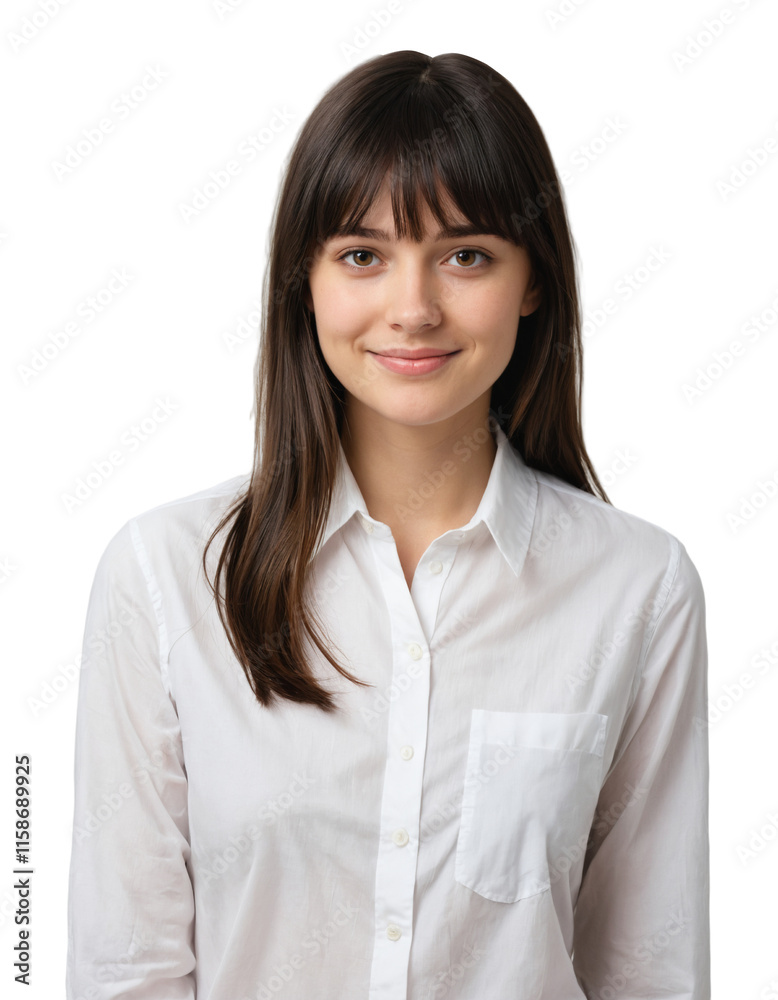 a beautiful girl standing straight confidently with bangs. wearing a white shirt . PNG transparent background. ai generator a beautiful girl standing straight confidently with bangs. wearing a white shirt . PNG transparent background. ai generator