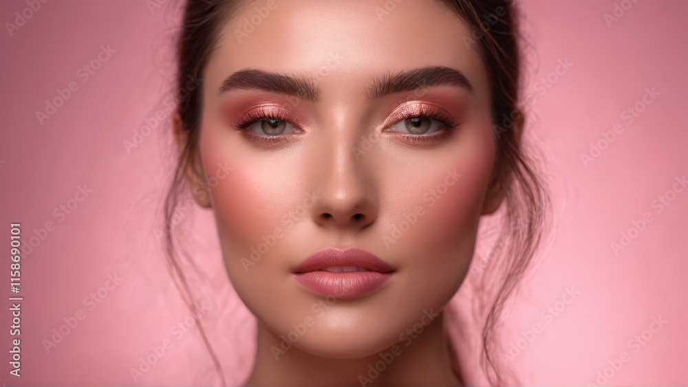 Smooth woman applying blurring face cream soft focus particles pore minimizing effect cool rose hues Smooth woman applying blurring face cream soft focus particles pore minimizing effect cool rose hues