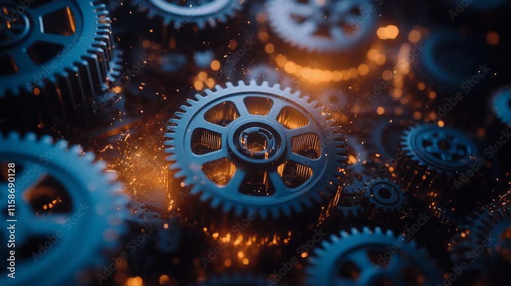 Abstract blue and yellow gears and cogs in a blurred motion for a manufacturing background Abstract blue and yellow gears and cogs in a blurred motion for a manufacturing background