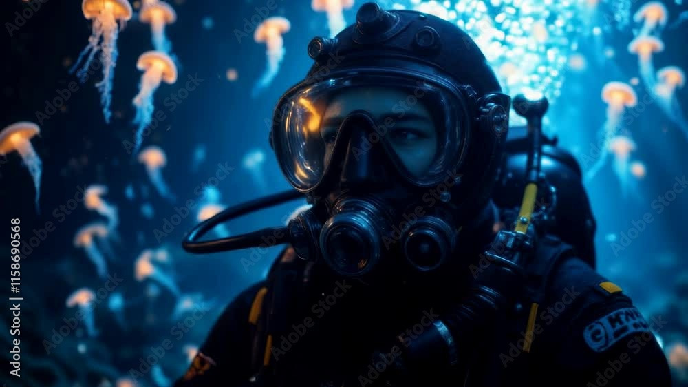Male diver explores a glowing jellyfish realm. Male diver explores a glowing jellyfish realm.
