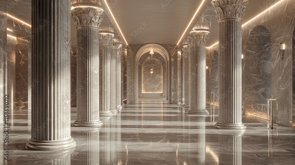Obraz premium Majestic Marble Hallway with Ornate Columns and Soft Lighting Creating an Elegant and Timeless Architectural Interior