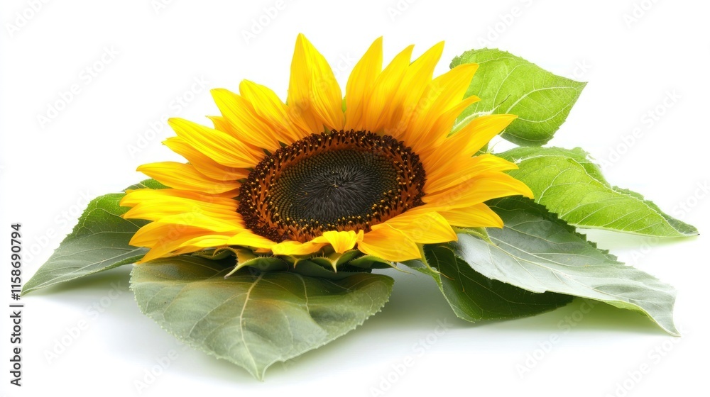 Fototapeta premium Single sunflower with leaves isolated on white.