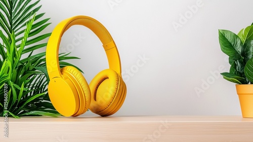 A vibrant yellow headphone rests on a wooden surface, accompanied by lush green plants, showcasing a modern and fresh aesthetic.