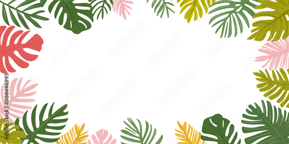 Tropical-inspired blank frame with lush green and red foliage on a white background. Perfect for adding text, banners, or announcements. Tropical-inspired blank frame with lush green and red foliage on a white background. Perfect for adding text, banners, or announcements.