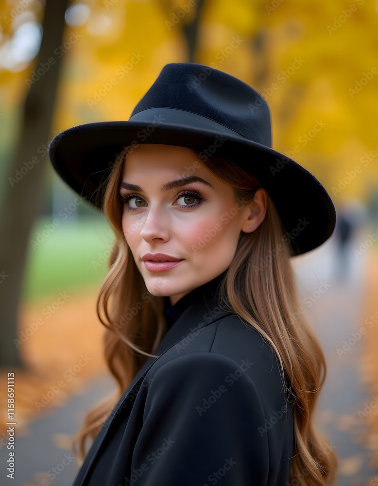 Elegant Woman Black Fedora Autumn Park Setting