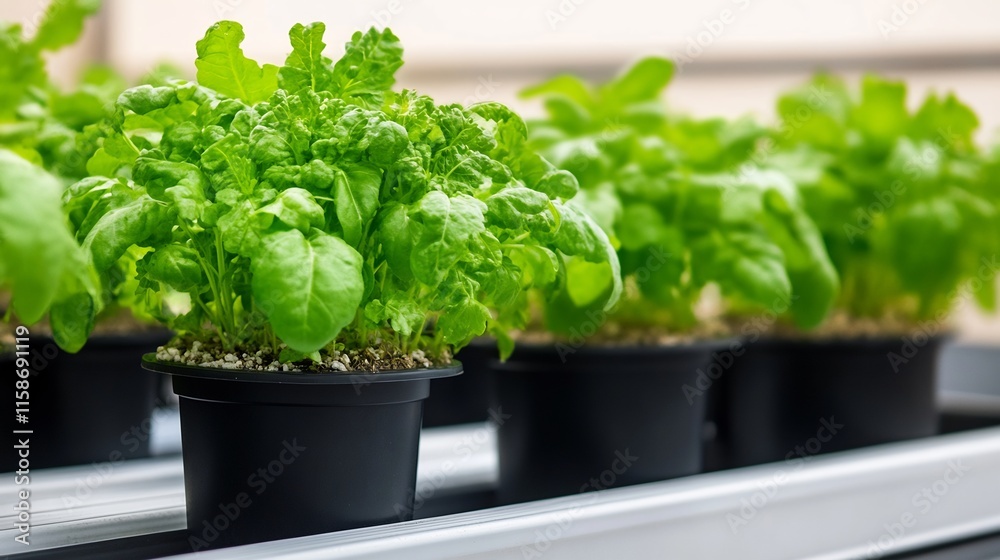 Vibrant Basil Plants Thriving in Modern Hydroponic Setup: Close-Up Photo. AI Generated