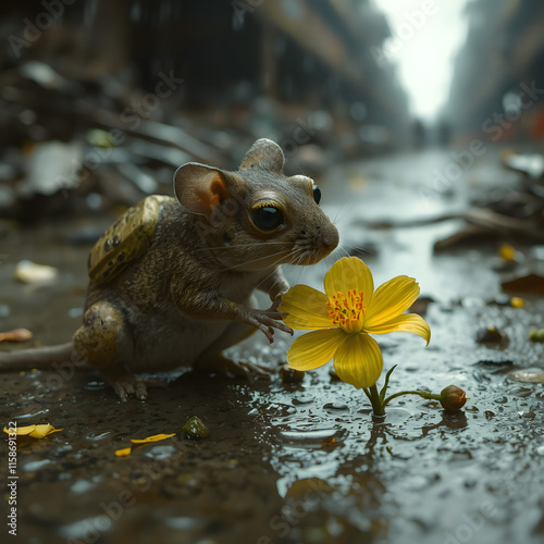 frog in the pond with a flower 