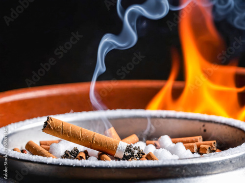 Smoking Cigarette in Frosty Ashtray with Fire in Background