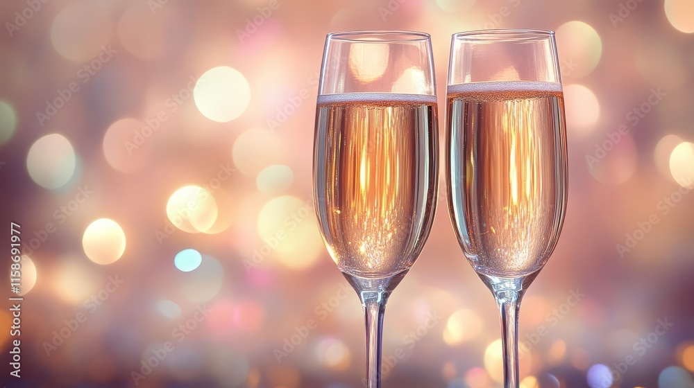 Two elegant champagne flutes filled with sparkling rose champagne against a dreamy, blurred background of soft, colorful lights. Two elegant champagne flutes filled with sparkling rose champagne against a dreamy, blurred background of soft, colorful lights.