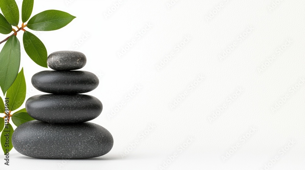 A stack of smooth black stones beside green leaves on a minimalist background, symbolizing balance, tranquility, and nature. A stack of smooth black stones beside green leaves on a minimalist background, symbolizing balance, tranquility, and nature.