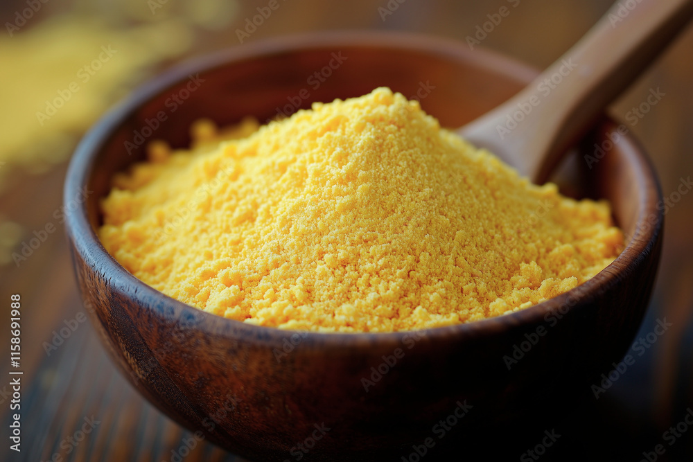 yellow corn grits and flour in a wooden bowl with a wooden spoon, styled in a rustic theme, perfect for healthy eating concepts, food blogs, organic product promotions, or farm-to-table themes yellow corn grits and flour in a wooden bowl with a wooden spoon, styled in a rustic theme, perfect for healthy eating concepts, food blogs, organic product promotions, or farm-to-table themes