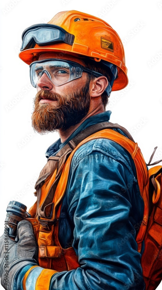 Portrait of a Bearded Worker in Safety Gear with Orange Hard Hat Portrait of a Bearded Worker in Safety Gear with Orange Hard Hat