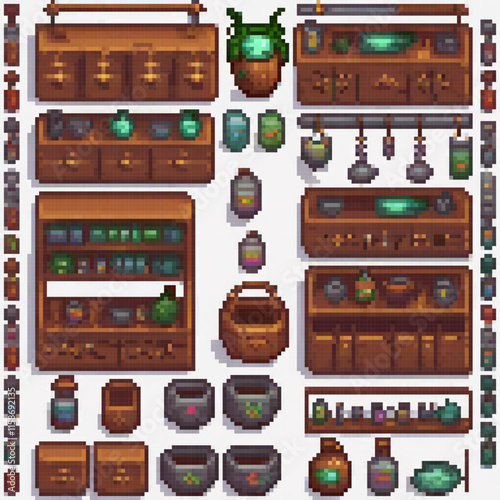 Pixel art image showcases variety items store including bottles vases potted plant