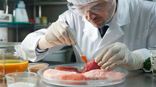 Food quality control expert inspecting at food specimen