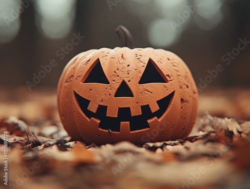 A carved pumpkin with a cheerful expression sits on a ground covered with autumn leaves, against a softly blurred bokeh background. photo