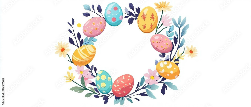 Celebrate Easter with a colorful wreath of spring flowers and painted eggs Celebrate Easter with a colorful wreath of spring flowers and painted eggs
