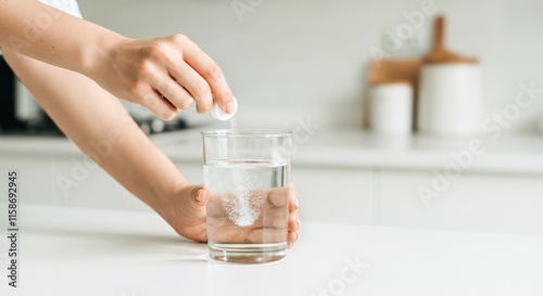 A hand drops a tablet into a glass of water on a kitchen countertop, creating bubbles and dissolving for a refreshing beverage at home.
