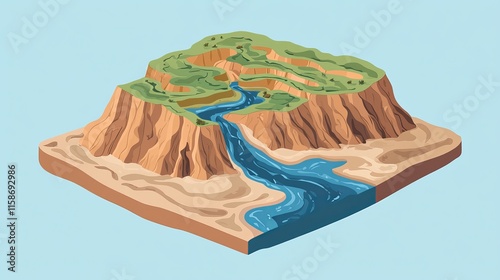 isometric canyon with river and green landscape clip art preview