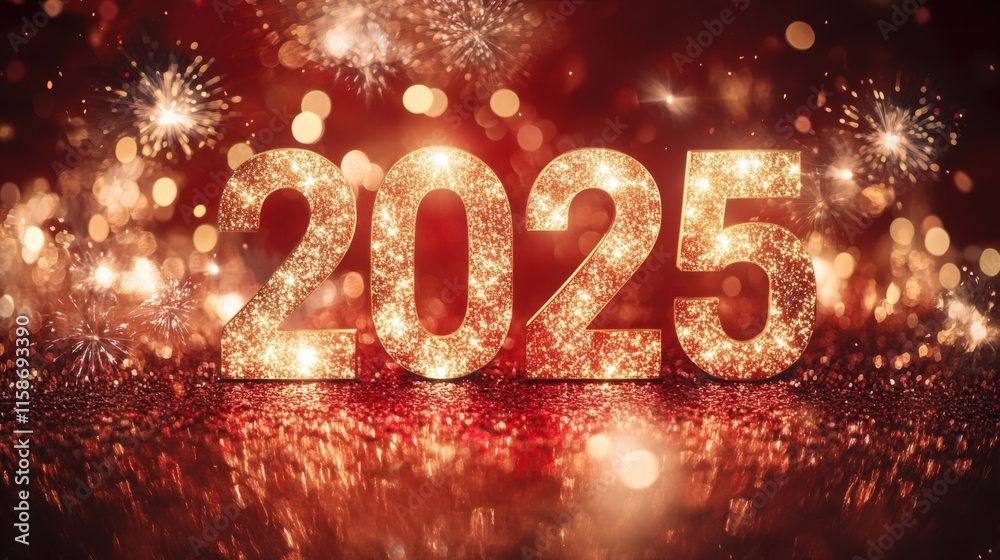 The glittering number 2025 is in the center of the picture, surrounded by golden fireworks, on a red background The glittering number 2025 is in the center of the picture, surrounded by golden fireworks, on a red background