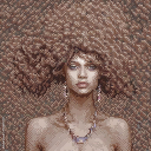 Woman brown hair wearing necklace earrings stands front pixelated background