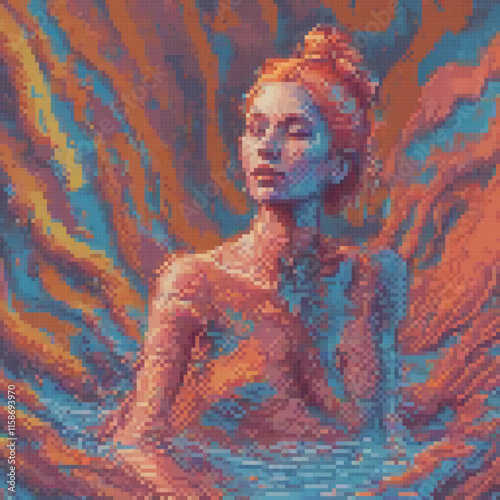 Woman is depicted pixel art her body partially submerged water vibrant background featuring swirling colors
