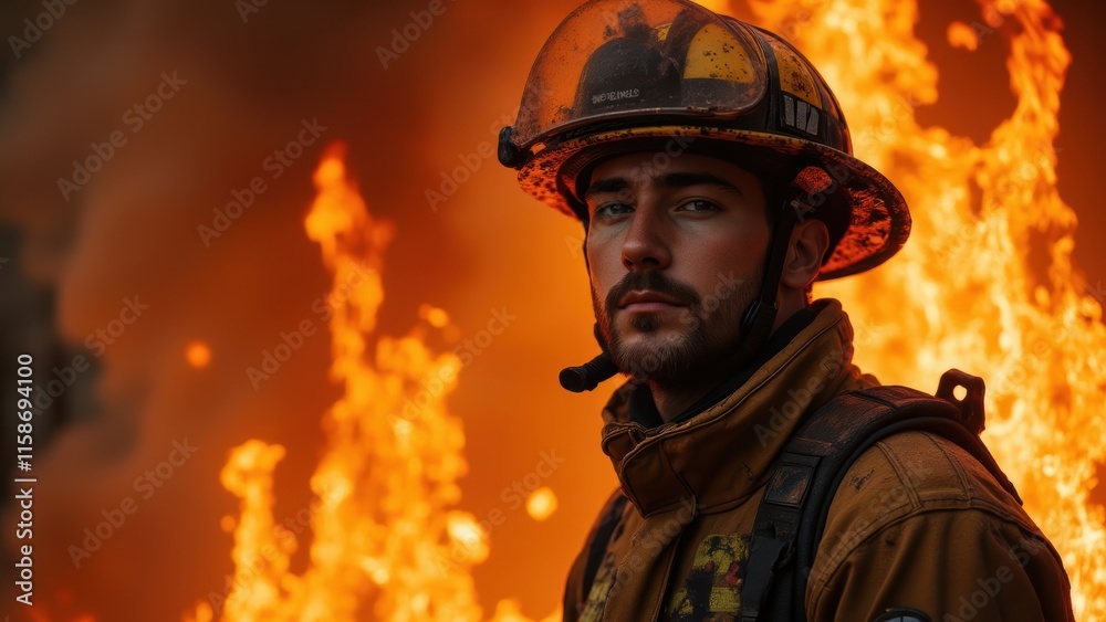Brave firefighter amid roaring flames Brave firefighter amid roaring flames